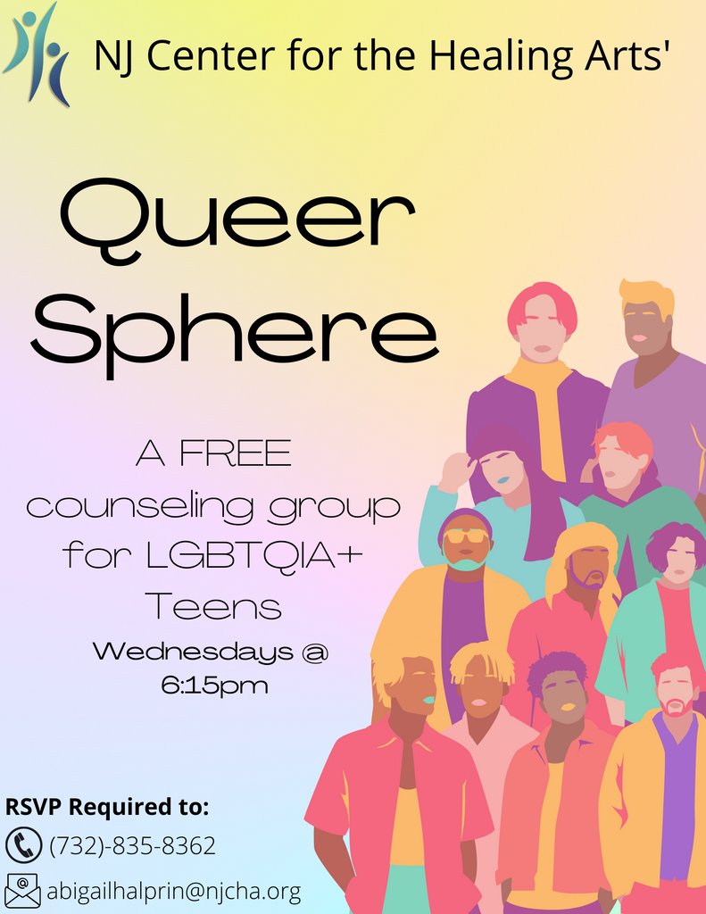 NJCHA's tweet image. Join Abby and Kristen on Wednesdays @ 6:15pm for our FREE LGBTQIA+ teen counseling group- Queer Sphere!

#redbank #newjerseycenterforthehealingarts #njcha #monmouthcounty #lgbtqia+ #lgbtq #freecounseling
