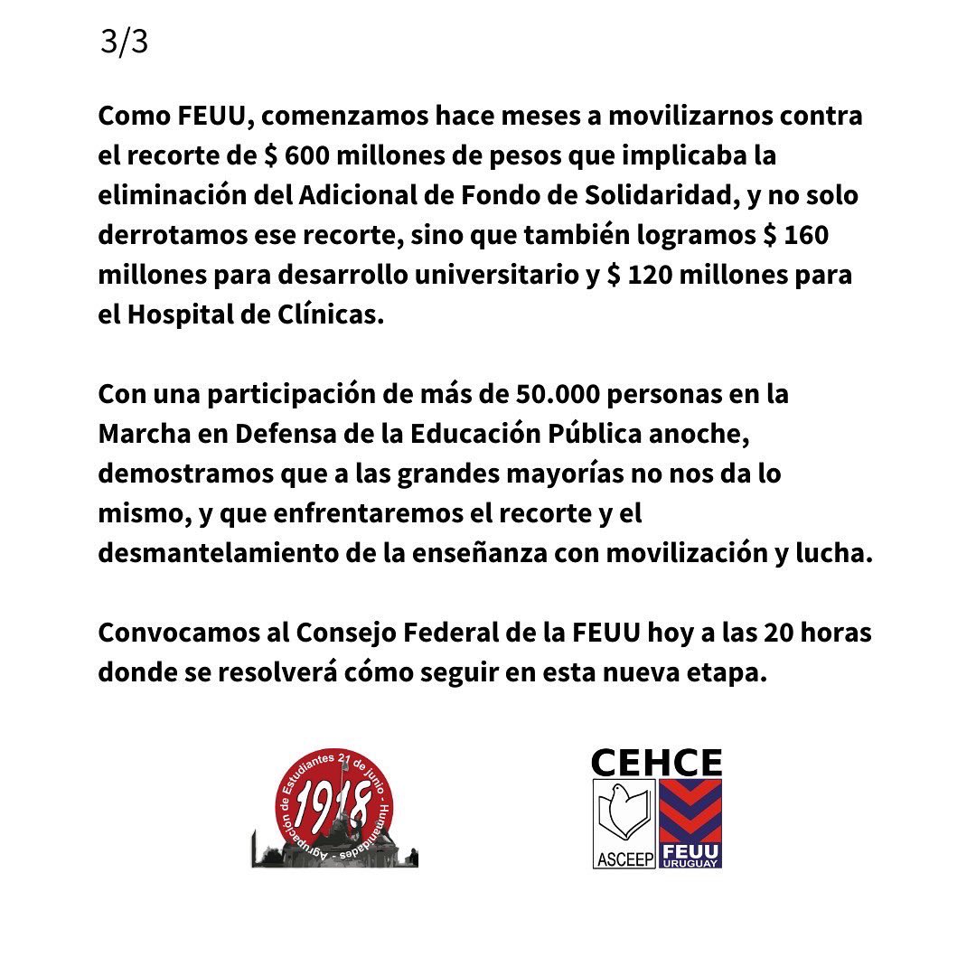 21dejunioFeuu's tweet photo. La huelga de la Intergremial #Udelar se levanta arrancando $ 280 millones al gobierno
¡Viva la huelga! https://t.co/Xi5Nkr1lp4