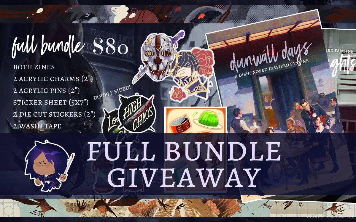🐳 GIVEAWAY 🐳

For Dishonored's 10th anniversary, we are giving away a full bundle! This includes physical + pdf copies of both our Dunwall Days and Karnaca Nights zines and all merch, including stretch goals ✨️

To enter:
🐳 Follow our Twitter 
❤ Like this tweet
🔄 Retweet!