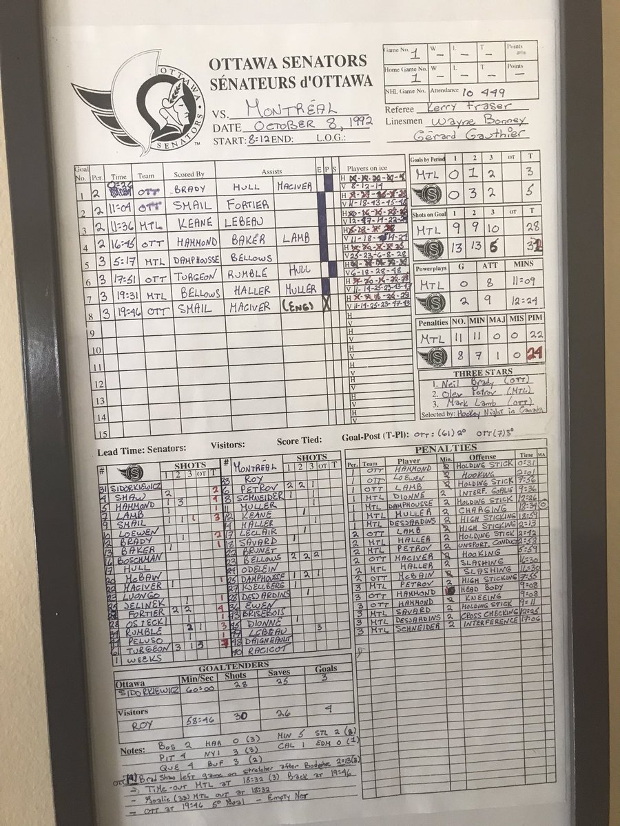 Legend06's tweet image. 30yrs ago the Sens led by Brady&amp;amp;Smail beat the eventual Stanley cup winning Habs. A glorious night and an unreal wedding gift the original game sheet!! Hoping for the same result tngt and great season for Sens