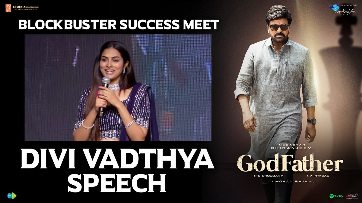 The sizzling diva @DiviActor speech at the #GodFather Blockbuster success meet! Watch here! - youtu.be/qMfQYDipP3k #BlockbusterGodfather 🔥 @KChiruTweets @BeingSalmanKhan @jayam_mohanraja #Nayanthara @ActorSatyaDev @MusicThaman