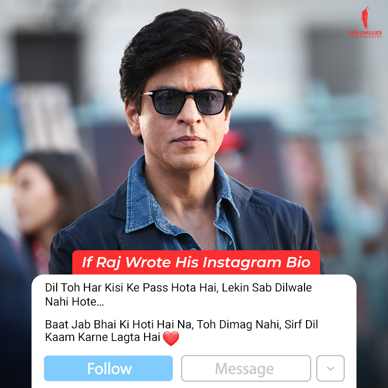 RedChilliesEnt's tweet photo. Its your turn now, to write a bio for Raj! Let us know in comments below.

#ShahRukhKhan #SRK #Dilwale #RedChilliesEntertainment #InstagramBio #IGBio #CommentNow #Bollywood #BollywoodMovies #BollywoodFilms #BestScenes #MovieScenes #Movies #IndianFilms https://t.co/82JLHWOYPJ