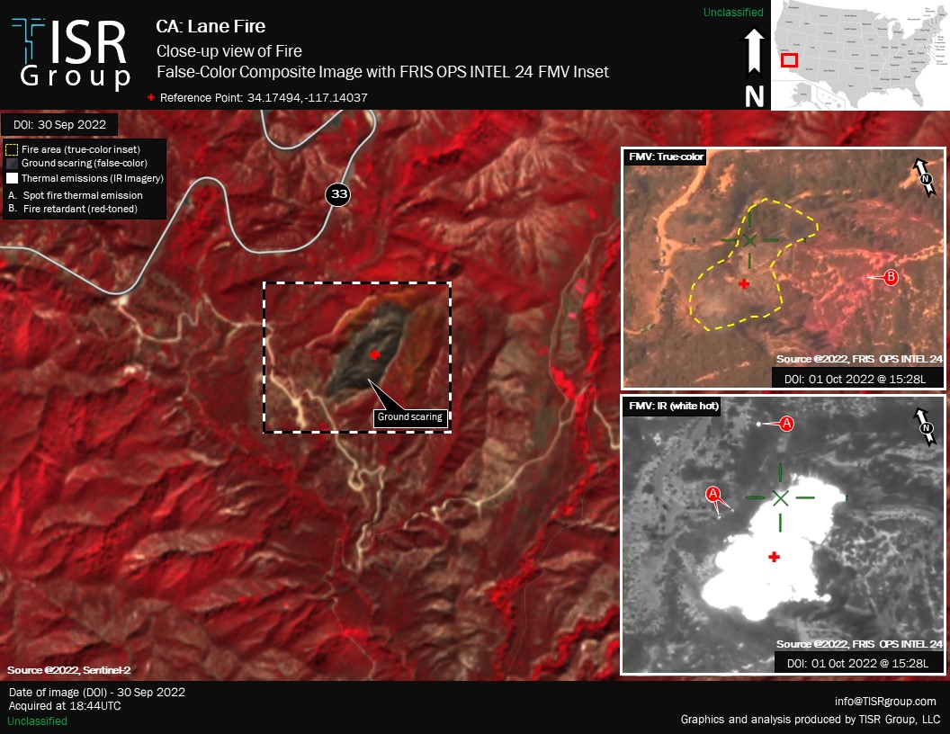 TISRfire's tweet image. Close-up graphic of the #LaneFire from imgery collected on 30 September 2022 of a false-color composite.  
#lanefire