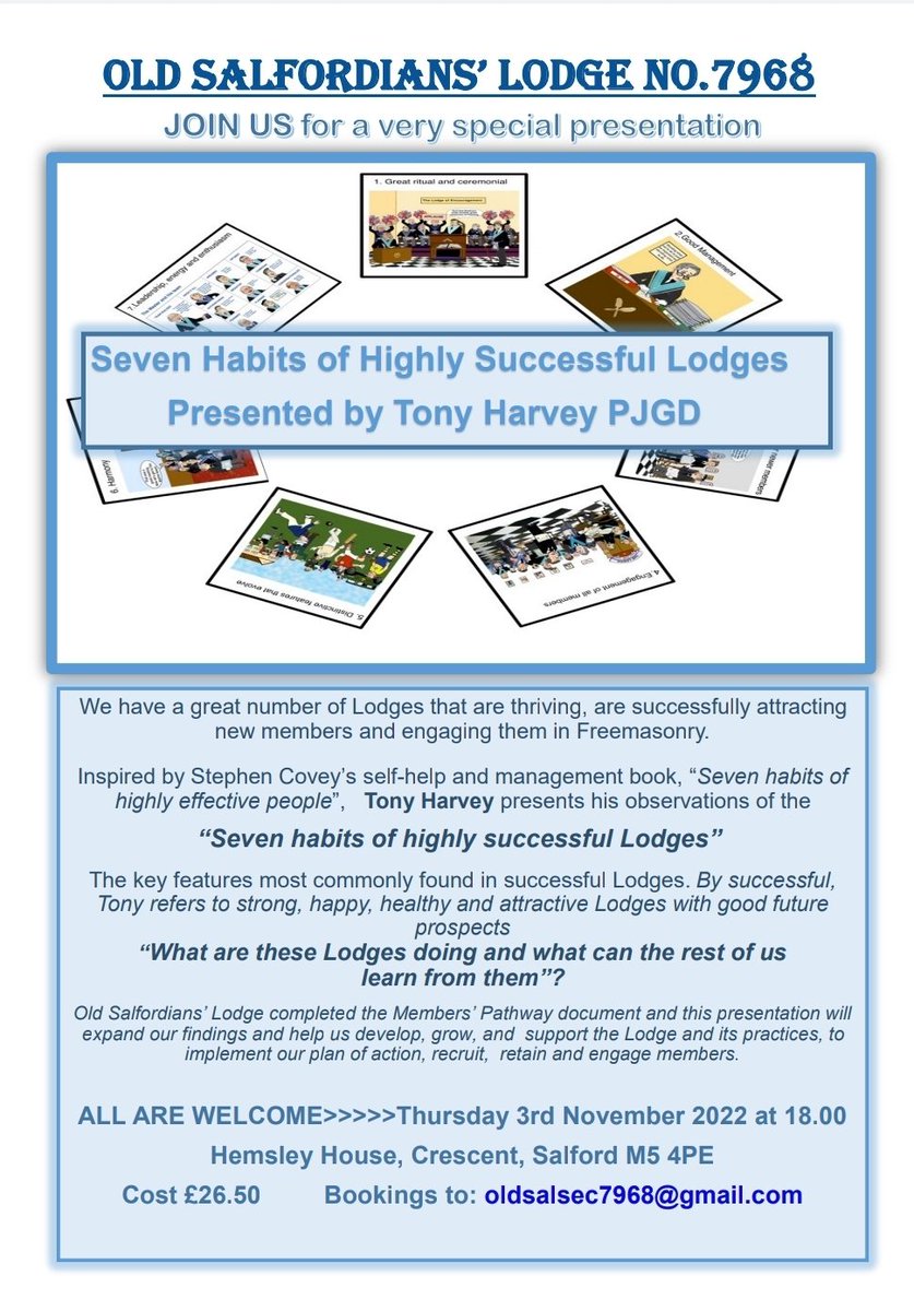Salford_Masons's tweet image. “Seven habits of highly successful Lodges”

Wbro Harvey, is coming to Salford and to the Salfordians’ Lodge meeting on the 3rd of November.

This is one not to be missed, please see the flyer for details of how to book.
#ManchesterMasons
#togetheragaineastlancs 
@Prestonian2012