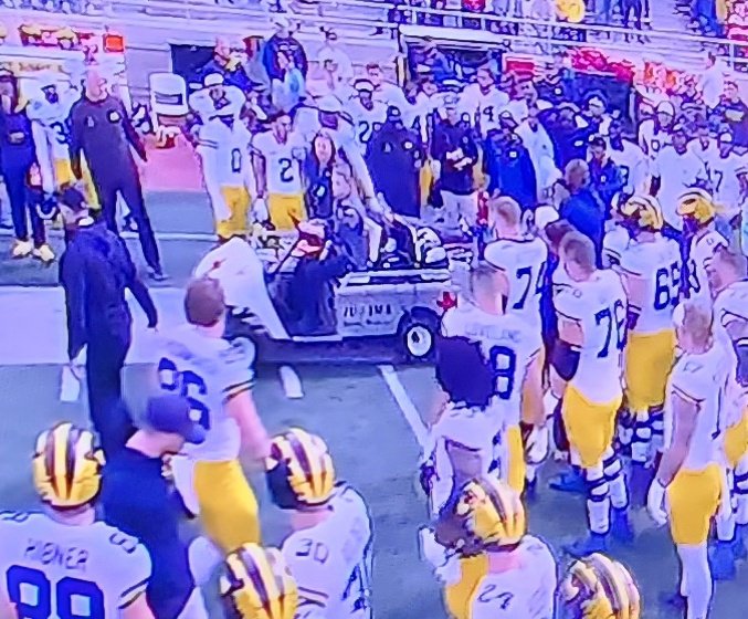 KeithMalinak's tweet photo. Michigan RB Coach Mike Hart carted off the field during #MICHvsIND
I haven't heard any report of a collision so it's anybody's guess what caused this spontaneous health issue. https://t.co/2BiUnr4daw