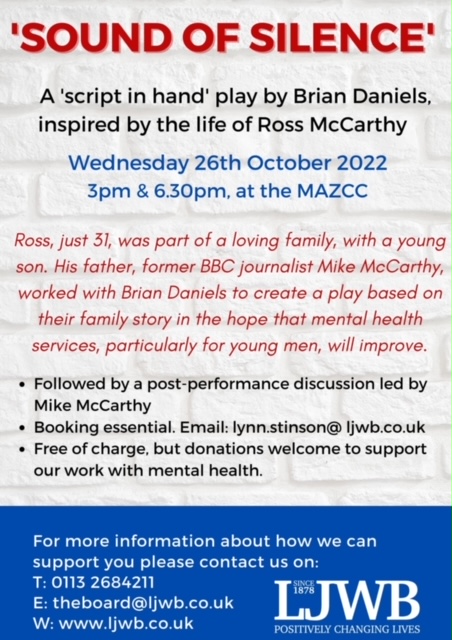 We're back in Leeds on Wednesday 26 October for two performances of Sound of Silence at Marjorie &amp; Arnold Ziff Community Centre. 

Thank you <a href="/LJWBLeeds/">LJWB Leeds</a>  for hosting us to share this important play about male suicide - get in touch if you or your group would like to come along.