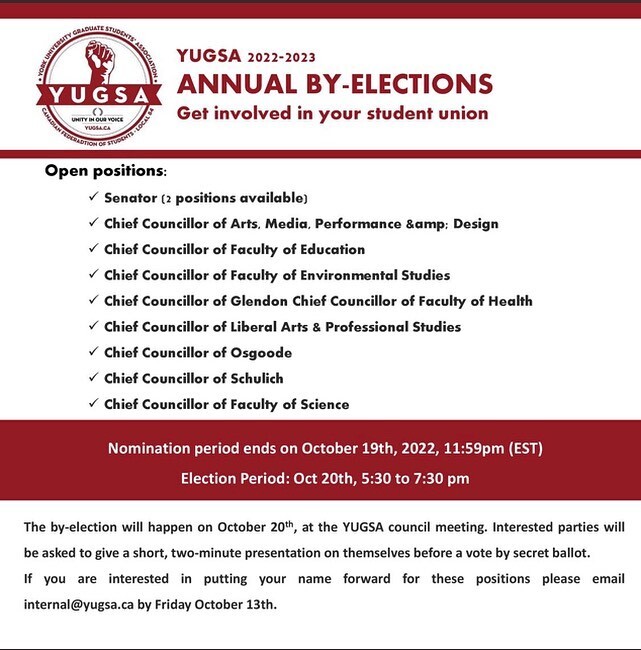 yugsa84 (@yugsa84) on Twitter photo Get involved your student union!
.
Contact internal@yugsa.ca if you’re interested in running for one of these positions. instagr.am/p/CjdXGZGgzqQ/ Get involved your student union!
.
Contact internal@yugsa.ca if you’re interested in running for one of these positions. instagr.am/p/CjdXGZGgzqQ/
