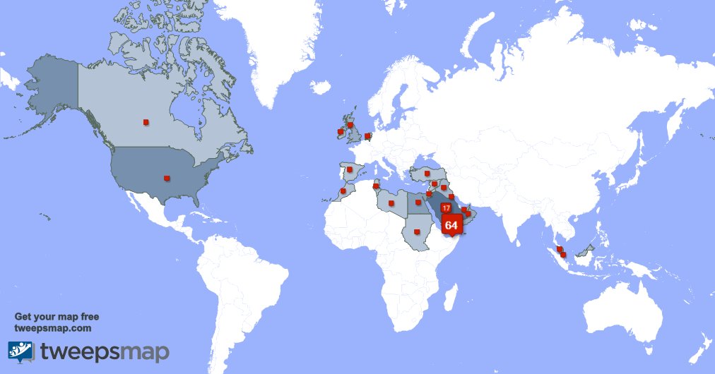 حسب tweepsmap.com/!printa2010 حوالي65% من متابعيني يعيشون في اليمن والسعوديه(18%),الولايات المتحده(5%)