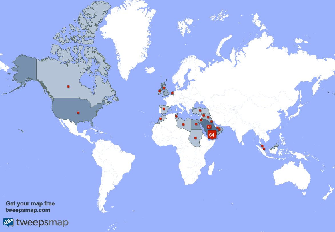 حسب tweepsmap.com/!printa2010 حوالي65% من متابعيني يعيشون في اليمن والسعوديه(18%),الولايات المتحده(5%)