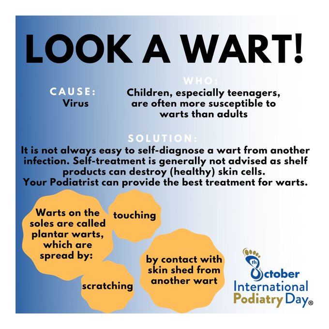 PodiatryCanada's tweet photo. It's not always easy to distinguish a wart from another infection. Self treatment is generally not advised as shelf products can destroy healthy skin cells.
See a podiatrist for a proper treatment for warts.
#podiatry #Feetmatter #defeatfootdisease #IPD2022 #fipifp #Feet https://t.co/RuAlANECad