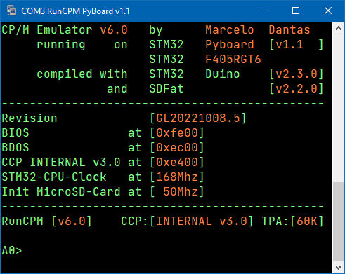 guidol70's tweet image. Initial compile for
#RunCPM v6.0 #STM32F405RGT6 #PyBoard v1.1