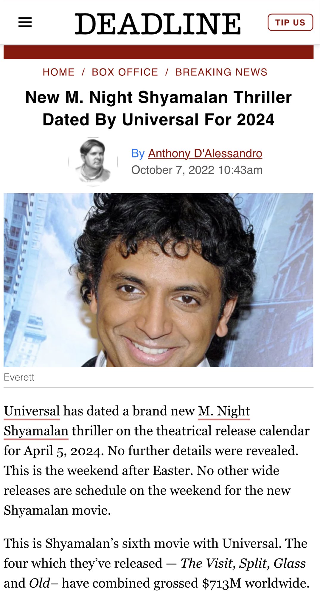 M. Night Shyamalan on X: Had an idea. Pitched it to ⁦@UniversalPics⁩  Feeling incredibly grateful. Inspired by all I work with. Honored to tell  you guys another story in 2024. #16  /