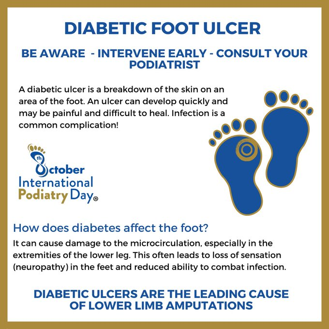 Diabetic foot ulcers are the leading cause of lower limb amputations. They can cause damage to micro circulation, especially in the extremities of the leg.

This often leads to loss of sensation in the feet, &amp; reduced ability to combat infection.
#podiatry #IPD2022  #fipifp #Feet
