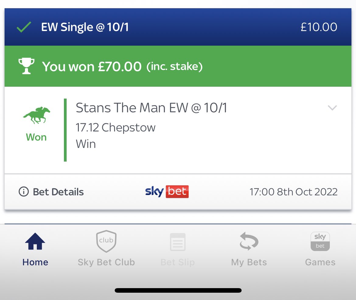 JNealis_11's tweet photo. My late Grandad was called Stan & I couldn’t let this horse run without a bet on it. Missed the 20/1 I seen early on but very happy with the 10’s.
He’s defo looking down on the family as my brother & dad also backed it.
What a true gent he was. #stanstheman https://t.co/iAIDzH8qZZ