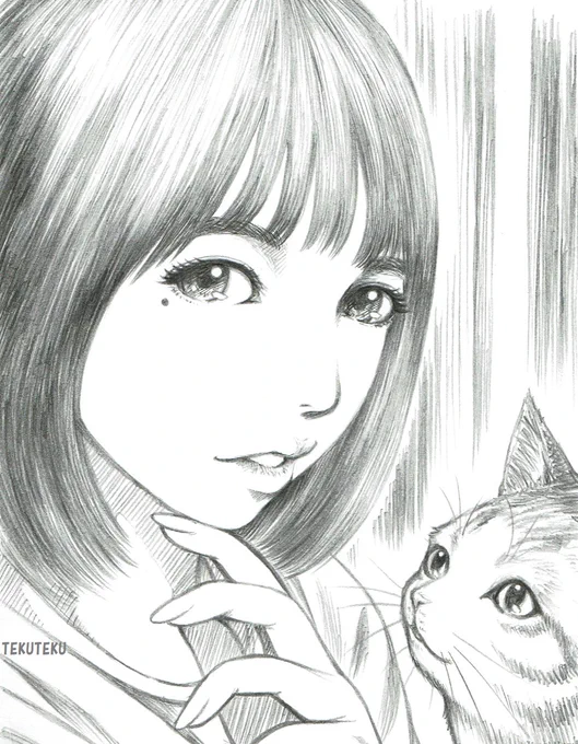 AI絵やAI絵師って皆カラーばっかなんだけど🤔こういう1色の鉛筆画や線画やペン画って描けないの? #illustration #オリジナルイラスト #猫好き 