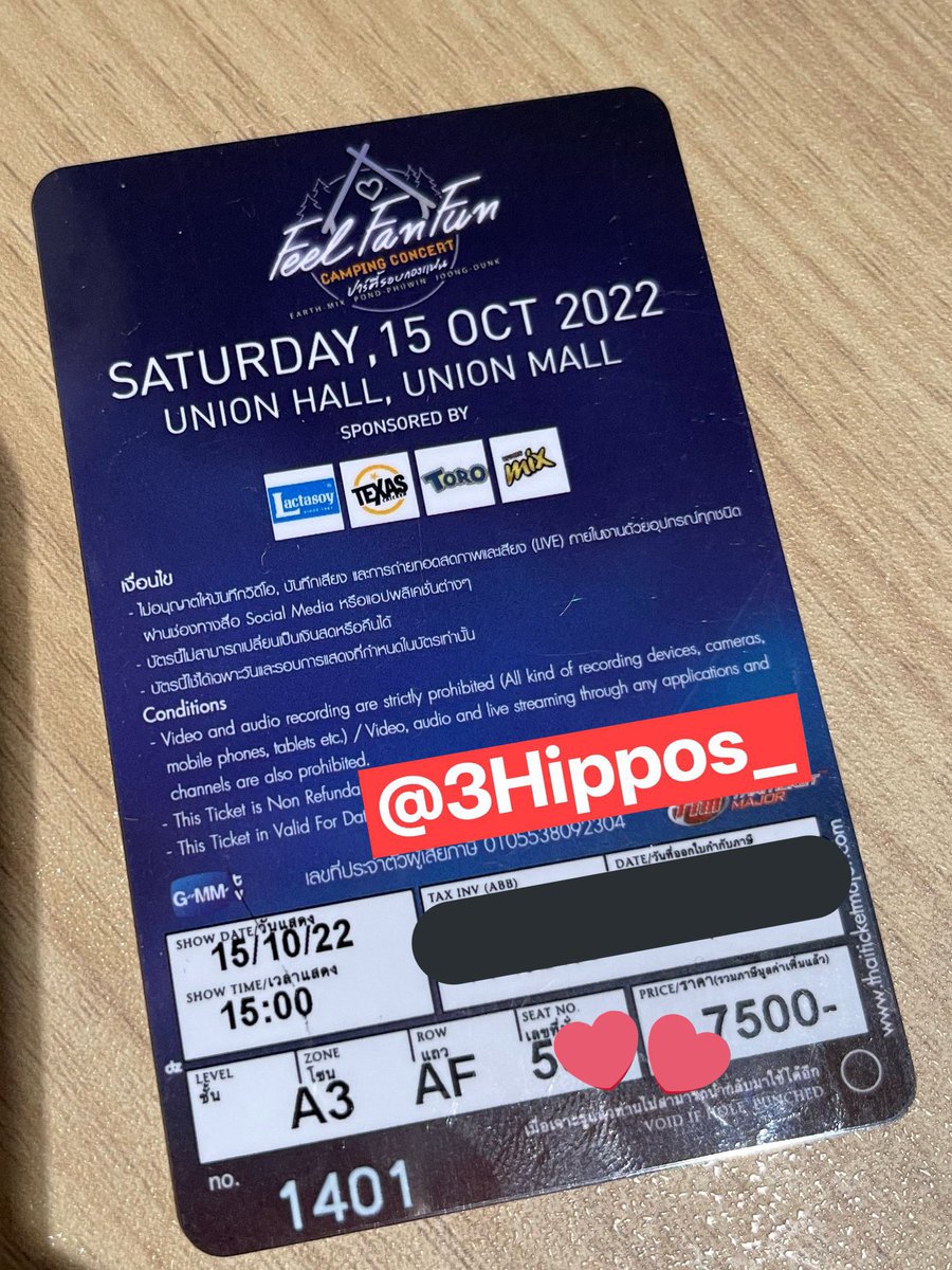 3hippos_'s tweet photo. [ขายบัตร]

 #FFFCampingConcert 

🍋Price 7500
🤍Zone A3 
☀️Row AF
☁️Seat No. 5x

🌻ได้ Benefit ครบทุกอย่าง
🌷สามารถนัดรับตามแนว BTS MRT ได้

สนใจ DM ได้เลยนะค้า
#เอิร์ทมิกซ์ #ปอนด์ภูวินทร์ #จุงดัง
#EarthMix #PondPhuwin #JoongDunk https://t.co/BNGrjkEgAH