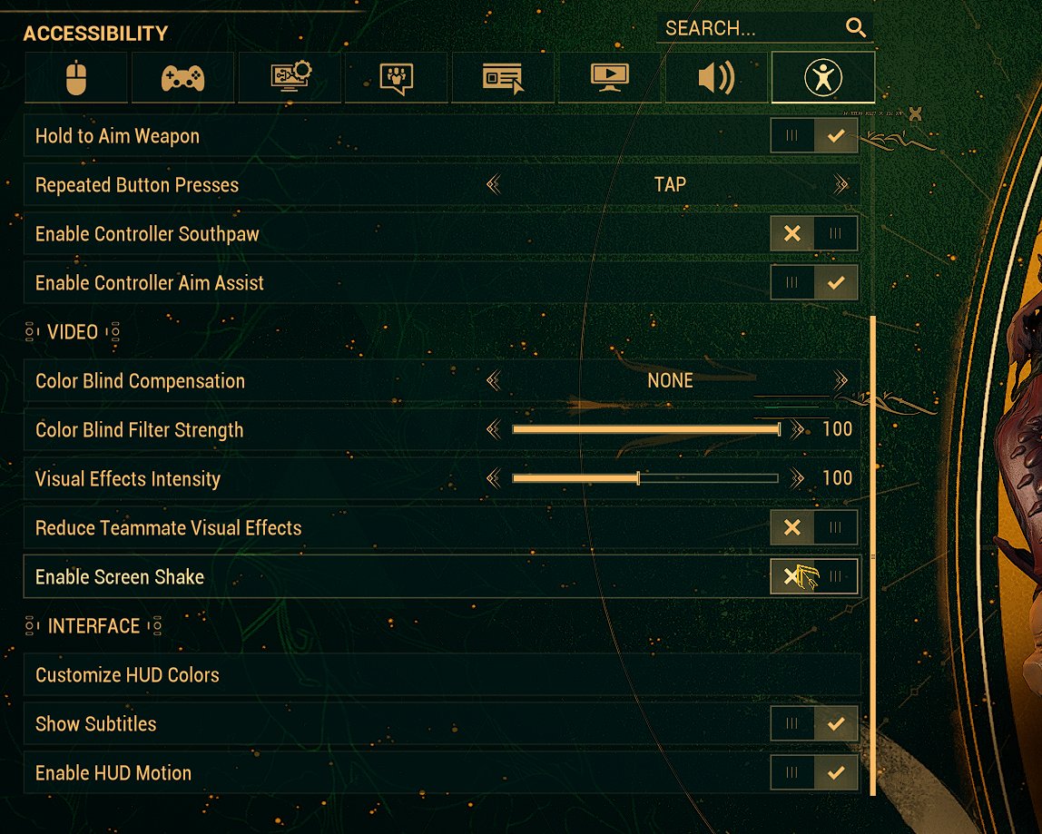 A #Warframe Feedback: Screen Shake
As an accessibility option, I believe it deserves to have a SLIDER to adjust intensity. It can be nauseating in some context, but in others, it can enhance the experience. 

If we can adjust it like Bloom, it would make it more accessible.