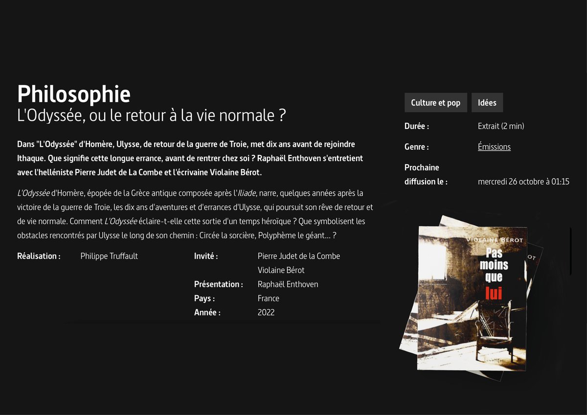 #ViolaineBérot, #Pénélope, #Homère et <a href="/ARTEfr/">ARTE</a> 
Invitée de l’émission philosophique de <a href="/Enthoven_R/">Raphaël Enthoven</a> pour parler de l’#Odyssée.
Diffusion le mercredi 26 octobre, sur Arte
#Pasmoinsquelui