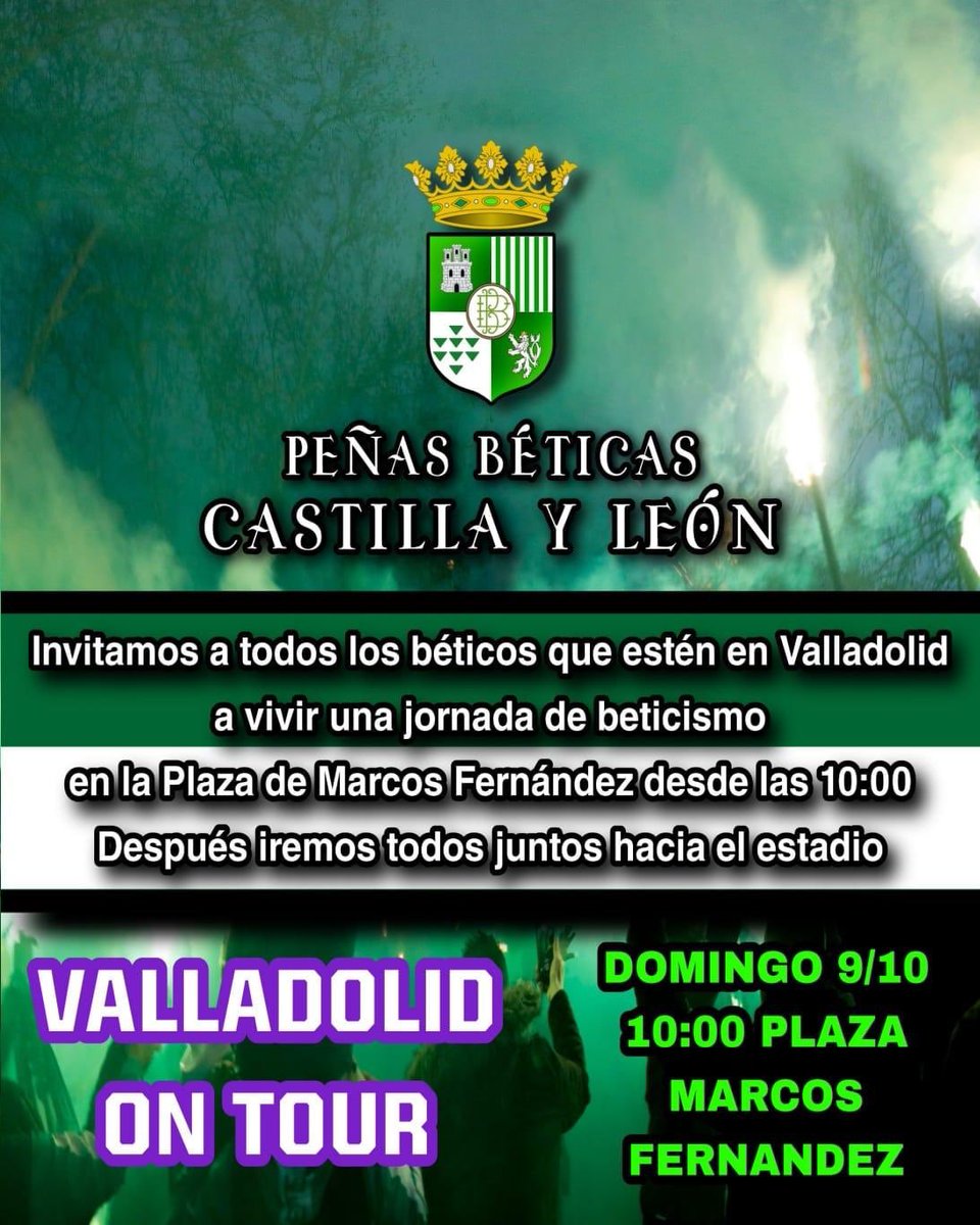 Animamos a todo el beticismo desplazado a Valladolid a reunirse en la Plaza Marcos Fernández a las 10:00 para empezar la previa y después ir todos juntos hacia el estadio.

¡Tiñamos de verde la ciudad!💚📢🔥