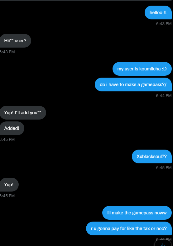 kazooryuryu's tweet photo. hello ^^
someone scammed my friend on royale high. please report them.
thank you!
scammer's roblox acc: Xxblacksoul
scammer's twitter acc: Chocolatexxoxo
#rh #rhhalo #rhscam #rhtrade #royalehigh #royalhighhalo #royalhighscam #royalhightrade
proofs ↓ https://t.co/bWj5bPTf9q