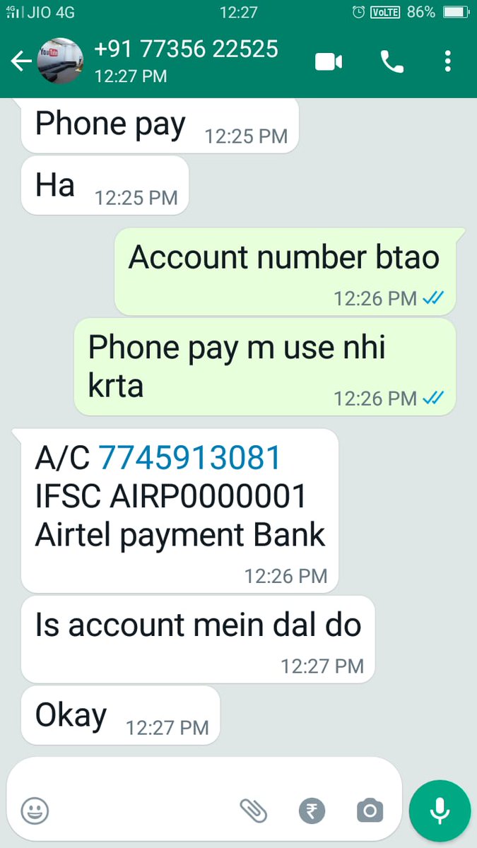 shekhawatmukesh's tweet image. dear @airtelindia please enquire a/c 7745913081 IFSC AIRP0000001, he is sending whatsApp message from 7735622525 number and asking for money @cyber @jaipur_police @PoliceRajasthan