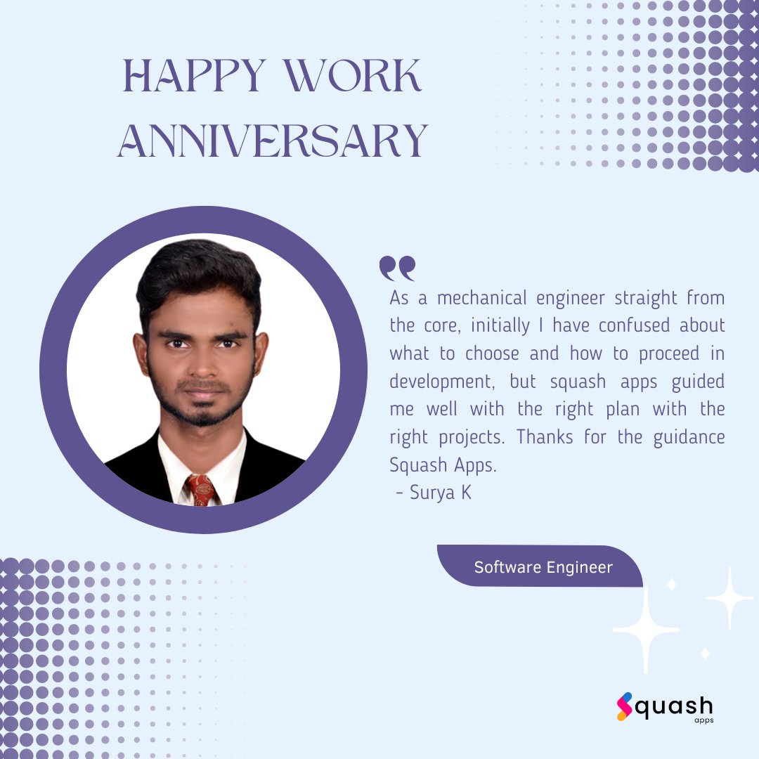 squashapps's tweet photo. It's been one year since you joined the team, SURYA K.
You've been a great asset to Squash Apps. Keep up the good work!
Here's to many more years of success!
#employeeappreciation #employeeexperience #employees #softwaredevelopers #team #workanniversary #developer #squashapps https://t.co/9PnwwE9Oo7