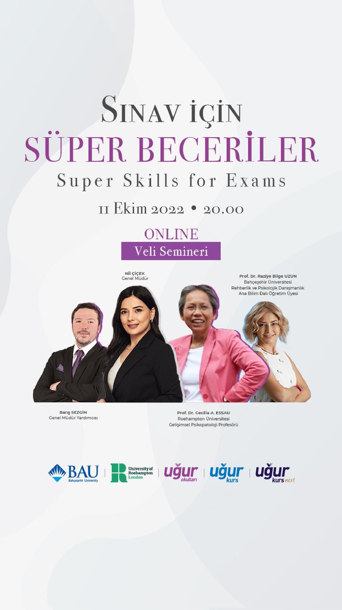 LGS hazırlık sürecinde olan öğrencilerimize yönelik, Türkiye'de ilk defa Uğur Okulları'nda uygulanan ''Sınav İçin Süper Beceriler'' online veli seminerimize değerli katılımlarınızı bekliyoruz.