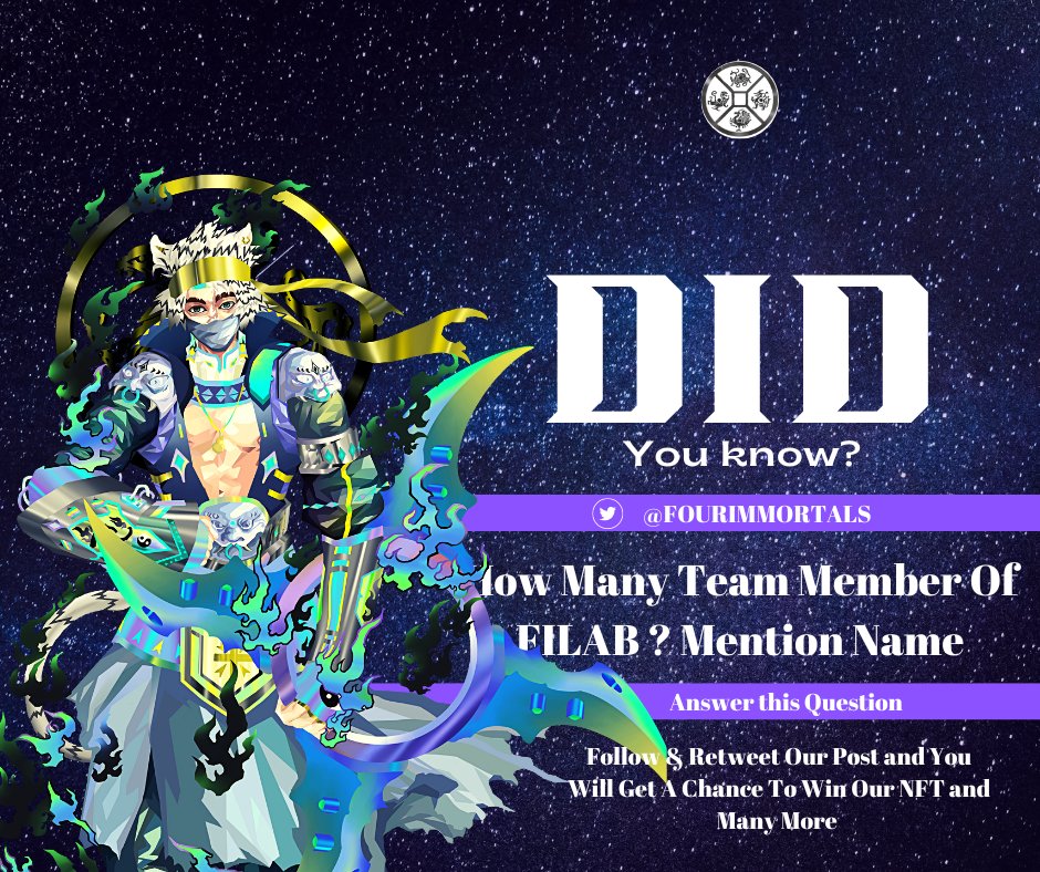 If you want to be an Immortal then you need to participate in our quiz.📢

Follow these steps to become an Immortal:

1️⃣ follow us on twitter and answer the following question

2️⃣ Like and Retweet Our Post with #FILAB

3️⃣ Send Proof 🧾

And you will be an Immortal🚀🚀🚀
#quiz
