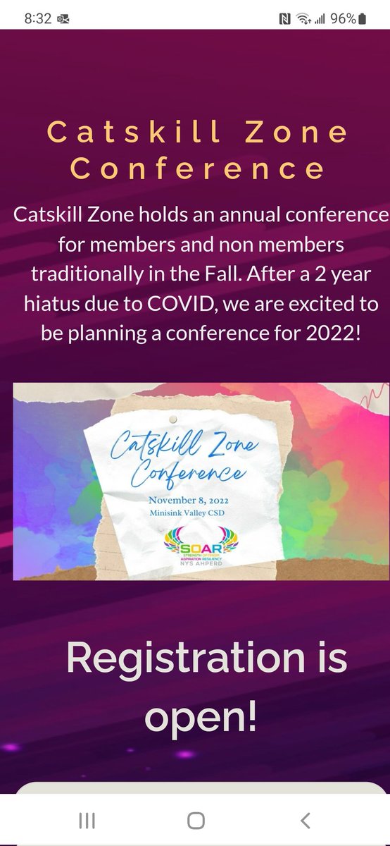 <a href="/CTZnysahperd/">NYSAHPERD Catskill Zone</a> Conference Register via <a href="/NYSAHPERD/">NYS AHPERD</a>: nysahperd.org presenters from <a href="/OPENPhysEd/">OPEN Phys Ed</a>, School Mental Health &amp; Resource, <a href="/ConnorsShelly/">Shelly Connors</a> Refreshments &amp; Raffles! 🏈🏐🏓⚽️Non-member registration includes 1 yr membership! <a href="/physedreview/">Phys.Ed.Review</a> <a href="/SectionIXSports/">Section IX Athletics</a> <a href="/OCIAASports/">OCIAA</a>