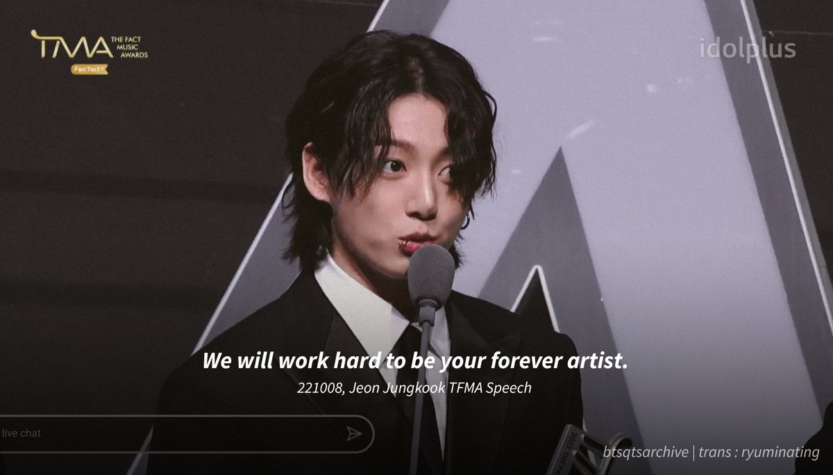"We will work hard to be your forever artist" ㅡ 221008, Jeon Jungkook TFMA Speech
