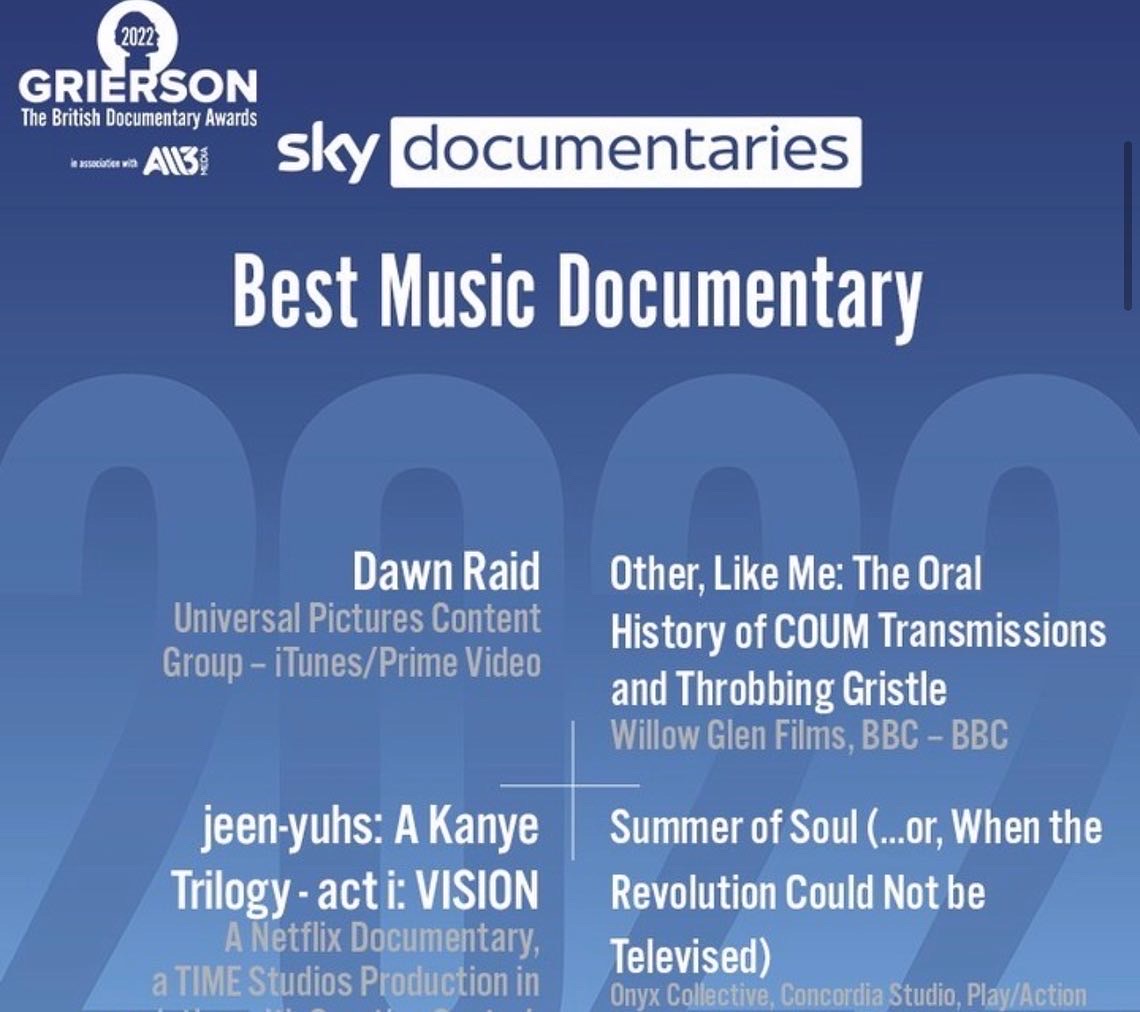 Amongst good company...... <a href="/kanyewest/">ye</a> &amp; <a href="/questlove/">?st</a> for the Best Music Doc 2022 🇬🇧 <a href="/griersontrust/">The Grierson Trust</a> @NZFilmCommissh #GriersonAwards  #TheBritishDocumentaryAwards #DawnRaid #Movie #SouthSide #NZ  🙌🙌🙏🙏