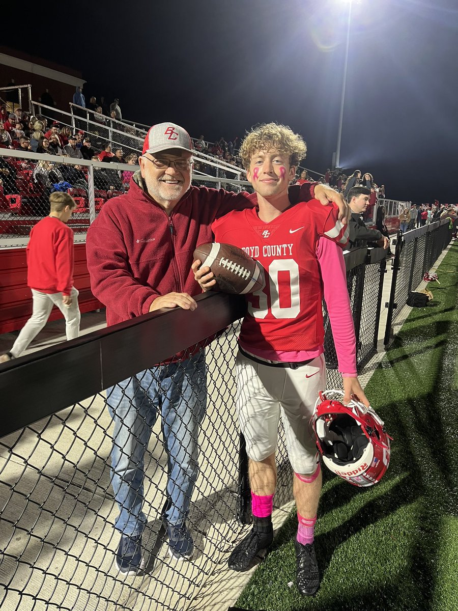Cole Thompson with Tom Holbrook. Cole broke Tom’s long standing Boyd County career pat’ record last night. A record that has stood since 1968. • Tom Holbrook - 53 pat’ (1966-1968) • Cole Thompson - 54+ pat’ (2020 - 2022) @BoydCoSuper @cryeC #TheCounty | #HardWorkWorks