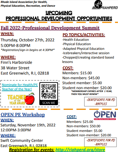 Join RIAHPERD on October 27th, 2022, for our Fall PD Summit. Also coming up our PD with @OPENPhysEd in November. See flyer below for details and register here: riahperd.org/store #healtheducation #physicaleducation #hpe #rhodeisland #professionaldevelopment #riahperd