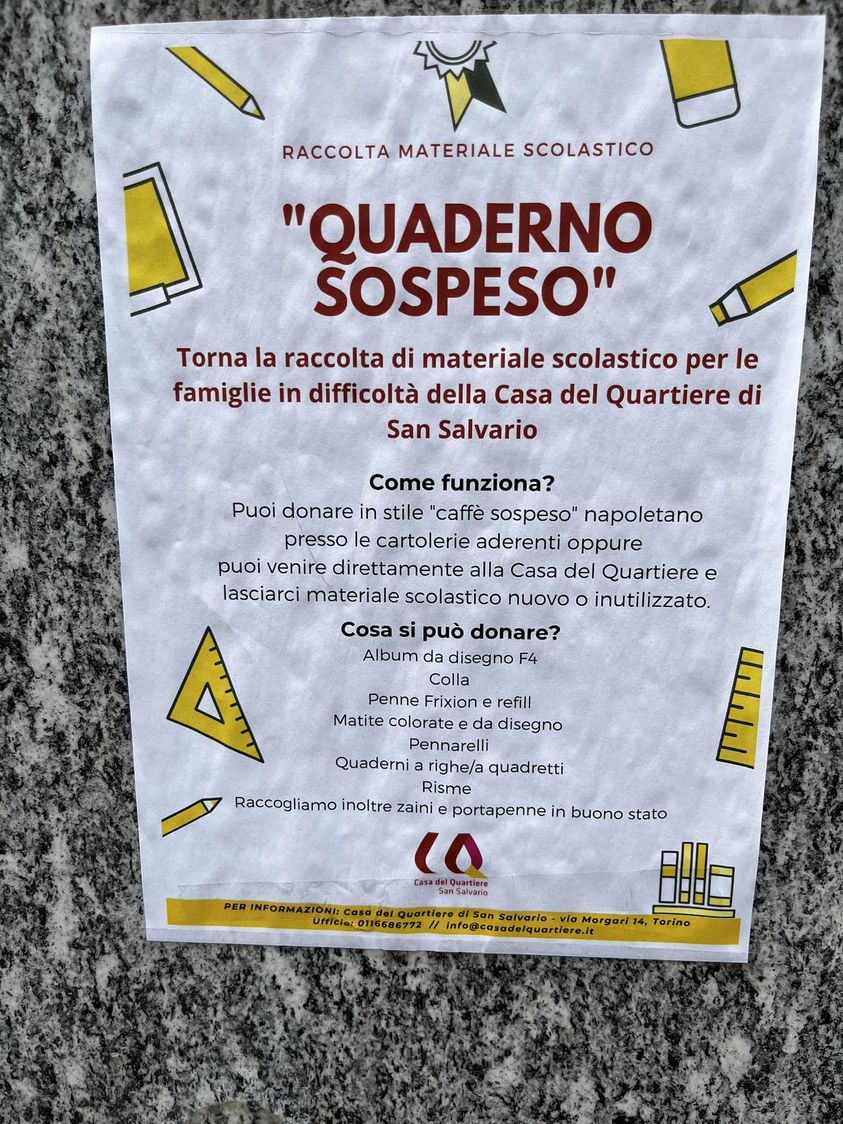 A #Torino, alla Casa del Quartiere di San Salvario c'è il #QuadernoSospeso, la raccolta di materiale scolastico per famiglie in difficoltà. 
Fate girare, se potete. In questa città la povertà si sta allargando a dismisura. Non so come finiremo.