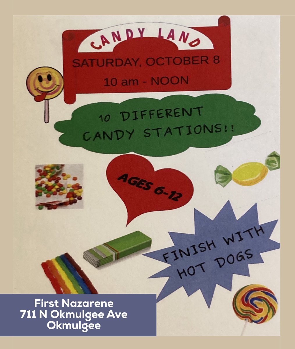 Foster_Okmulgee's tweet photo. Today!
Candy Land Children's Adventure at 1st Nazarene Church located at 711 N. Okmulgee. The fun starts 10a-12noon. 
Games, dramatized stories of the Bible, candy, house and free hot dogs. Bring the kids and join us! #candy #candyland #forokmulgee  #firstnazarene #fallishere https://t.co/EGcbXUf4er