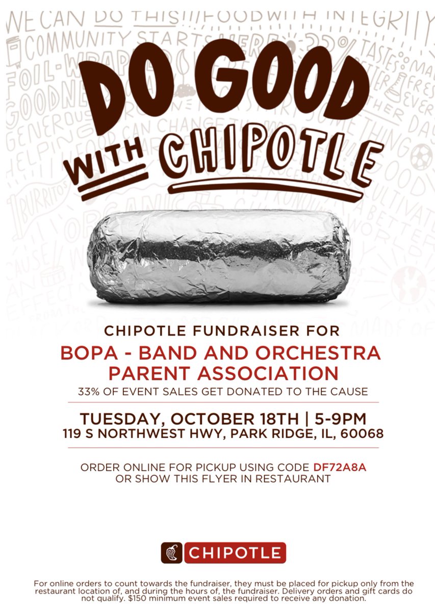 Dine to Donate at Chipotle in Uptown Park Ridge! 33% of proceeds go to BOPA:
Tuesday, October 18, 2022 
from 5:00-9:00pm
Chipotle in Uptown Park Ridge
119 S Northwest Hwy
Park Ridge, IL 60068
Order online for pickup using code DF72A8A
or show the attached flyer in restaurant