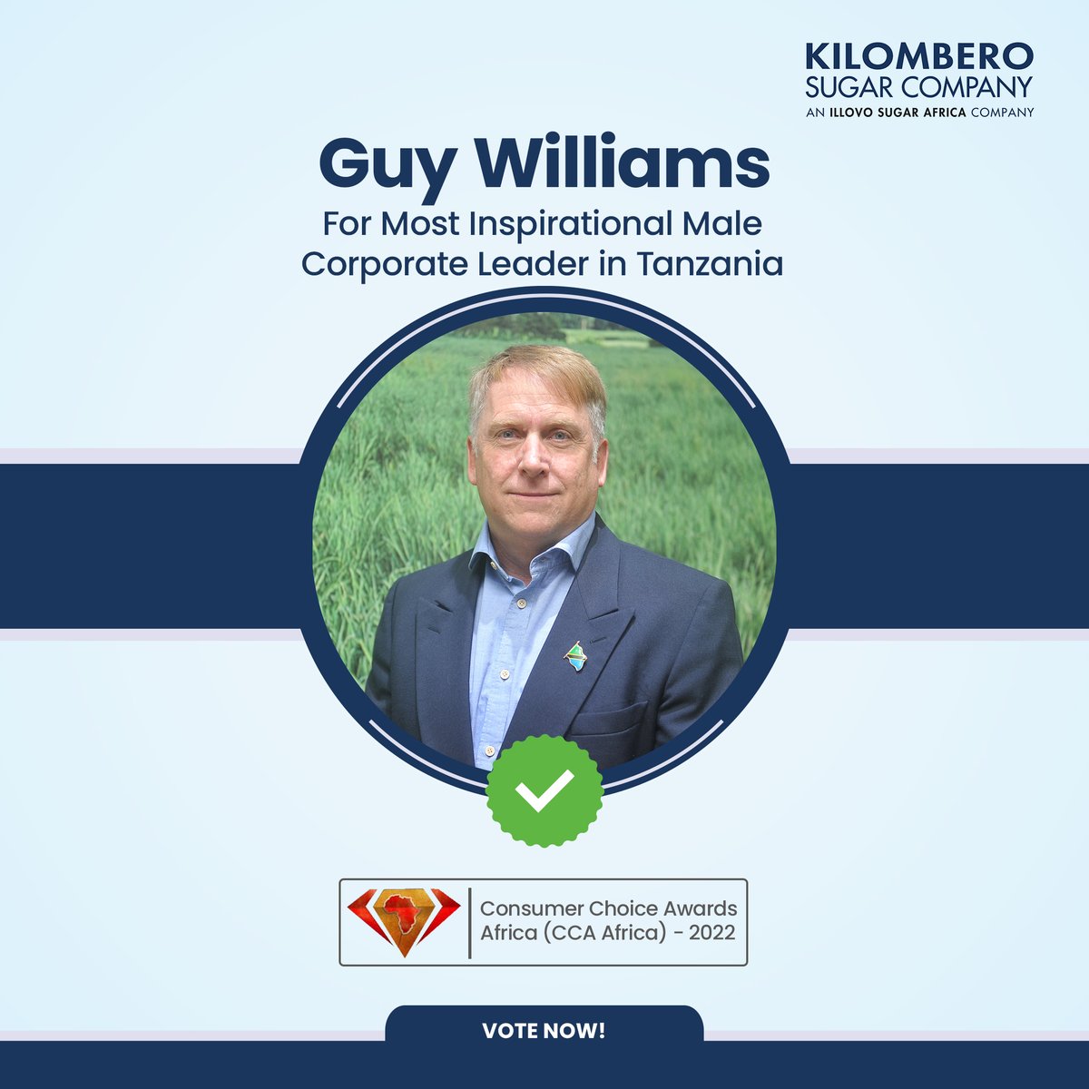 Please join us in congratulating Guy Williams, our Managing Director and the man leading the team behind your favorite brand of sugar, 'Bwana Sukari'.

Voting starts on October 9th, and you can vote at: ccawardsafrica.co.tz/vote/