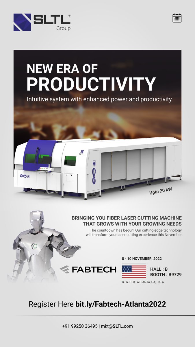 SLTLGroup's tweet photo. The wait is almost over! November 8-10, Save the date and join #LaserExperts at FABTECH, USA to witness the grand showcase of futuristic machines suiting your needs.
👇
Pre-Book a meeting with our #technical experts: https://t.co/asfHxHu5Yi
#FABTECH2022 #FABTECH #Expo22 #Events https://t.co/3WAhXdR4dp