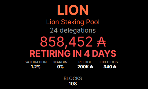 lionstakingpool's tweet photo. 1/4 LION STAKING POOL RETIRING IN 4 DAYS

Liebe Freunde, es ist leider soweit. 

Wir werden den Poolbetrieb zum Ende der Epoche einstellen. Die Gründe sind vielfältig, wobei ich immer noch sehr an das #Cardano Projekt glaube. https://t.co/UWpBQd5IPH