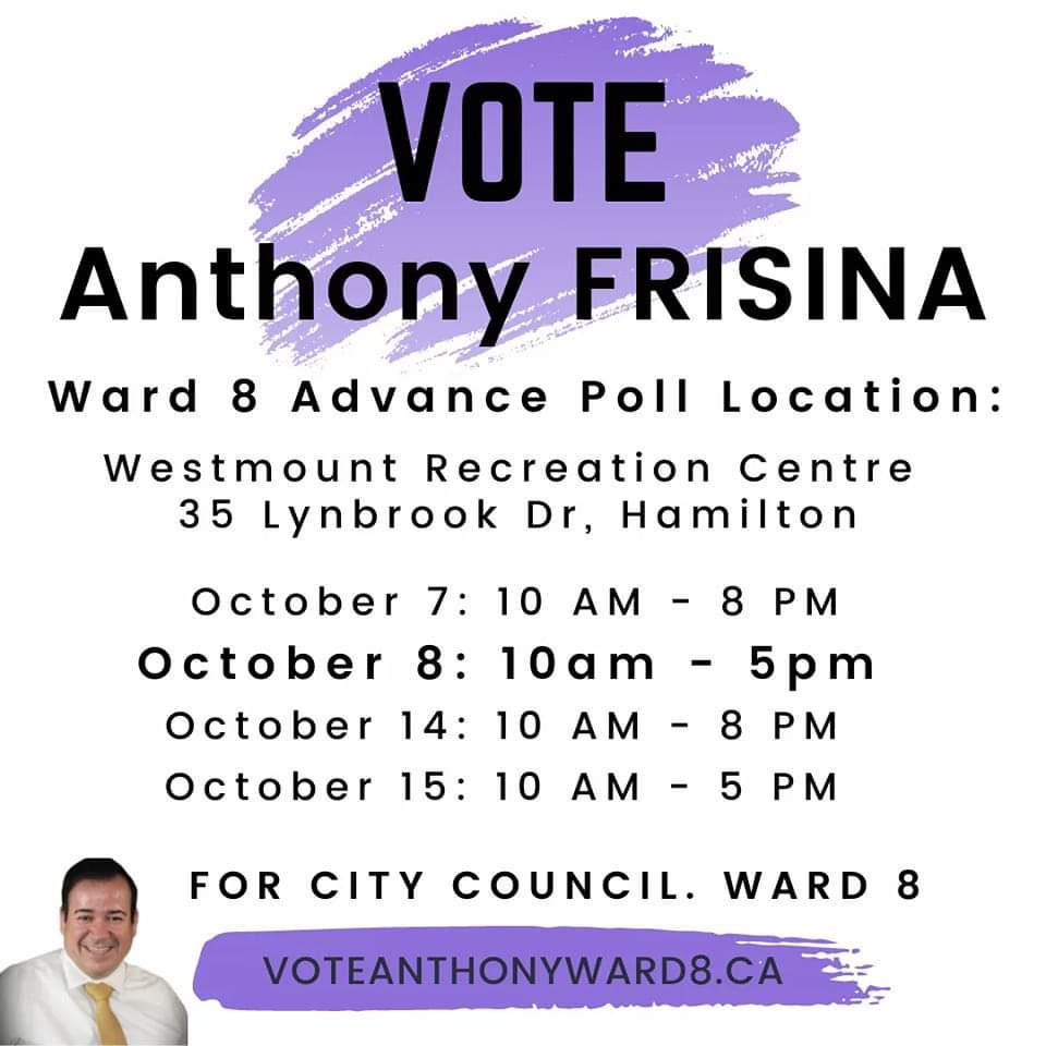 anthony_frisina's tweet photo. Advanced Polls are open today! I may just take today and exercise my right to vote.
To donate: AnthonyForWard8@gmail.com
To receive a lawn sign or volunteer - https://t.co/w3O3rqy7mO
#AnthonyFrisina #AnthonyForWard8Ham
#AnthonyForCouncil
#MunicipalElection2022
#HamiltonVotes https://t.co/P1yYCHnVre