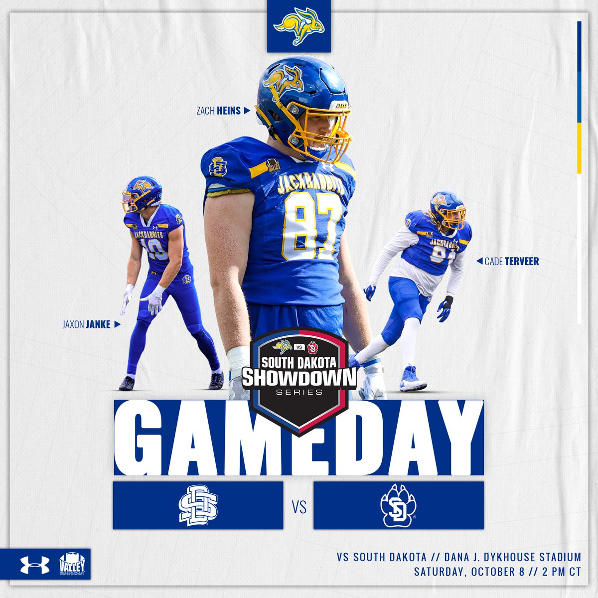 GoJacksFB's tweet photo. Rise and shine, Jackrabbits! It's Showdown Series Gameday!

🆚 » South Dakota
⏰ » 2 p.m.
🏟️ » Dana J. Dykhouse Stadium | Brookings, S.D. 
📺» @MidcoSports | ESPN+ (https://t.co/w3f98p2gRh)
📻 » WNAX 570 AM | https://t.co/8rJyYY4feR
📊» https://t.co/A0lbHEurb3

#GoJacks 🐰🏈 https://t.co/OEwCxxG2WB