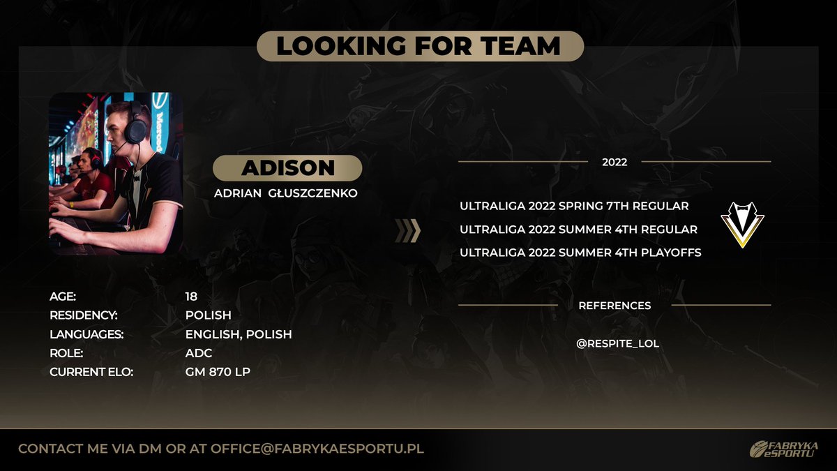 Hello, I'm 18 years old ADC exploring options for 2023. For more info and povs contact me through DMs. References: @respite_lol ❤️&🔁 appreciated