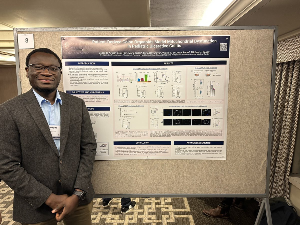 DrRosenIBD's tweet photo. Proud of @DrJideOjo in our lab presenting at the @AmerGastroAssn #Freston conf on his use of patient-derived colon #organoids to study epithelial mitochondrial dysfunction in pediatric #UC https://t.co/44AvaE9K1T