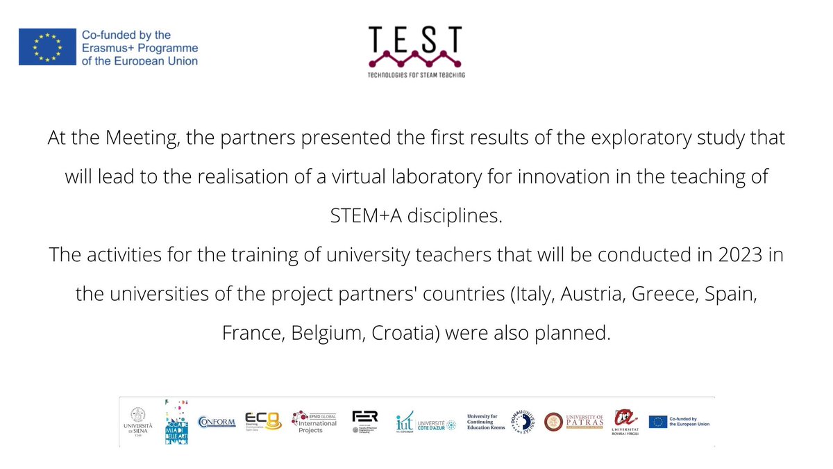 TESTerasmusplus's tweet photo. 📍 From 26 to 29 September, the Second Transnational Meeting of the Project T.E.S.T. - Technologies for STEAM Teaching, of which the University of Siena is leader, was held at the Universität für Weiterbildung Krems.

#Erasmusplus #Erasmus #ProjectTest #agenzianazionale https://t.co/vGnnxYB4u4