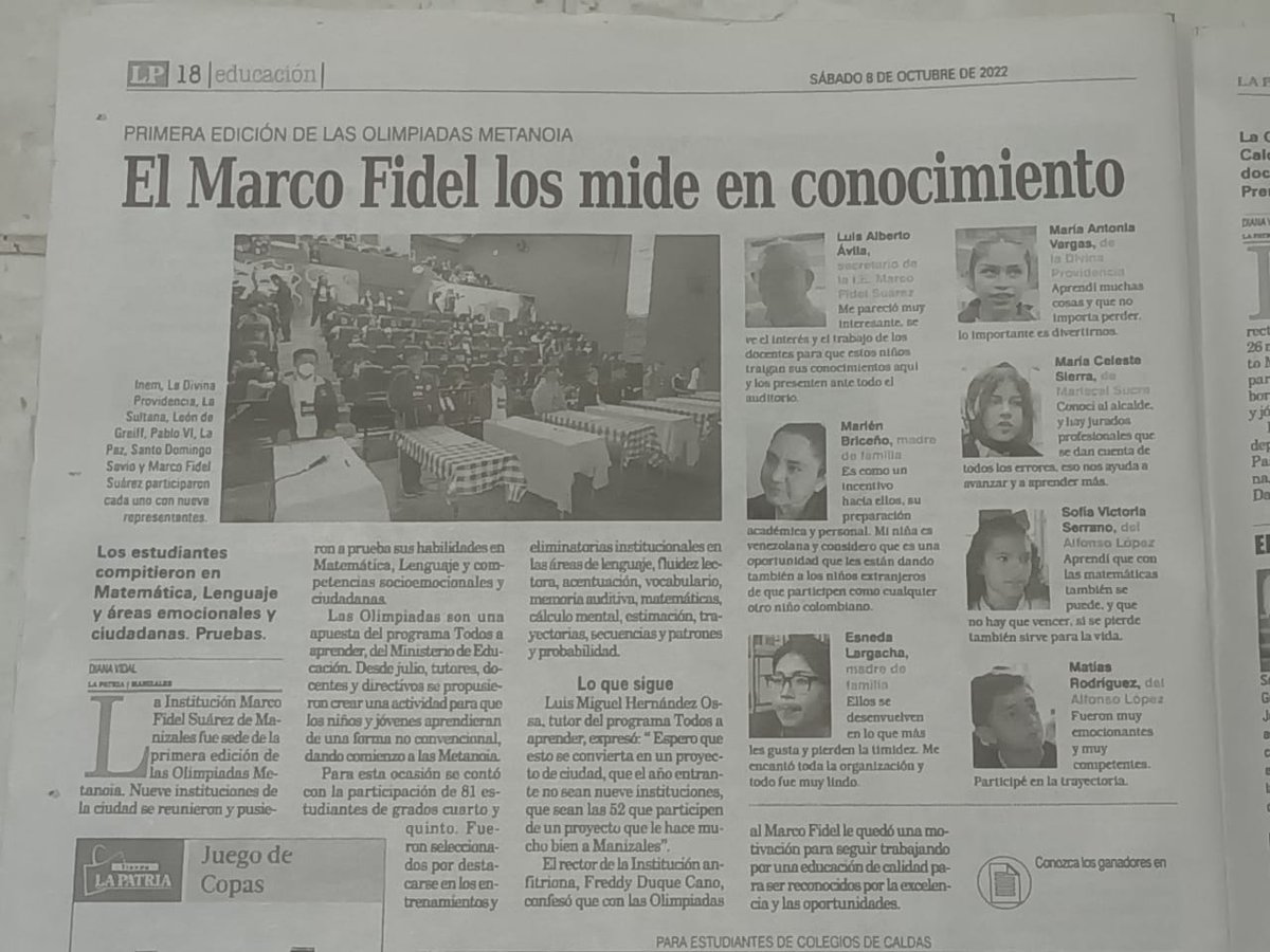 MartaISernaN's tweet photo. .@PTA_Colombia #CDAMetanoia Manizales, reporta @lapatriacom, realiza Olimpiadas PTA con estudiantes de 9 IE para seguimiento de aprendizajes en Lenguaje y Matemáticas. Siempre aportando valor e innovando. @hbayonar @RinconferE @Daz4Grace @LaRendonn @mariajo14693867 @darmep85 https://t.co/XWAeCG0AfD