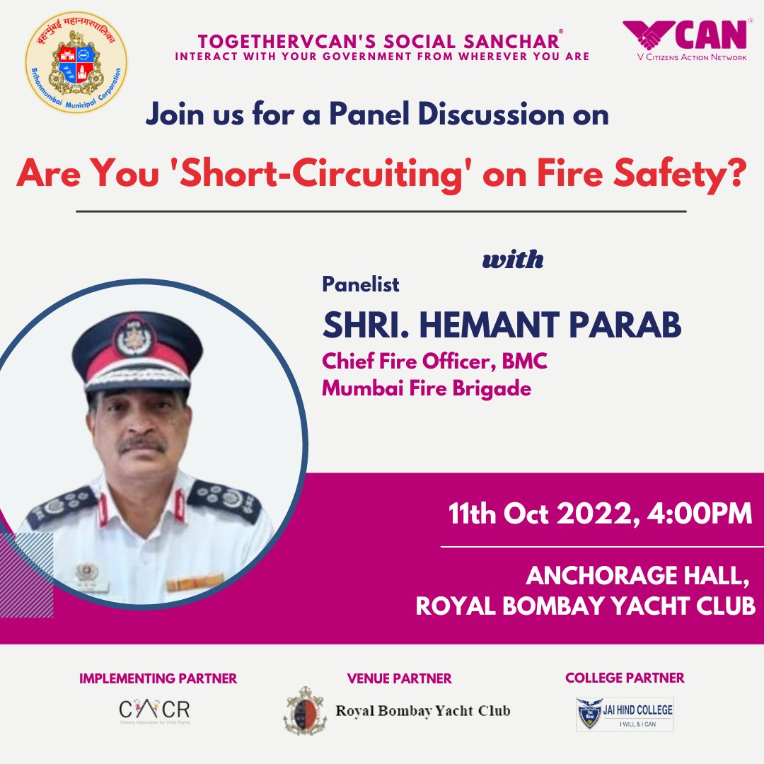 Together_VCAN's tweet photo. Join us and interact with our esteemed Panel at the venue Royal Bombay Yacht Club OR Tune in LIVE from YOUTUBE: https://t.co/7cZfblhsRx OR
FACEBOOK:  https://t.co/VbNjqtIIX1 ,11th October at 4:00PM
#FireSafety #MumbaiFires #ElectricalFires #ShortCircuits
@indranimalkani @mybmc https://t.co/WkaRNrH4Yq