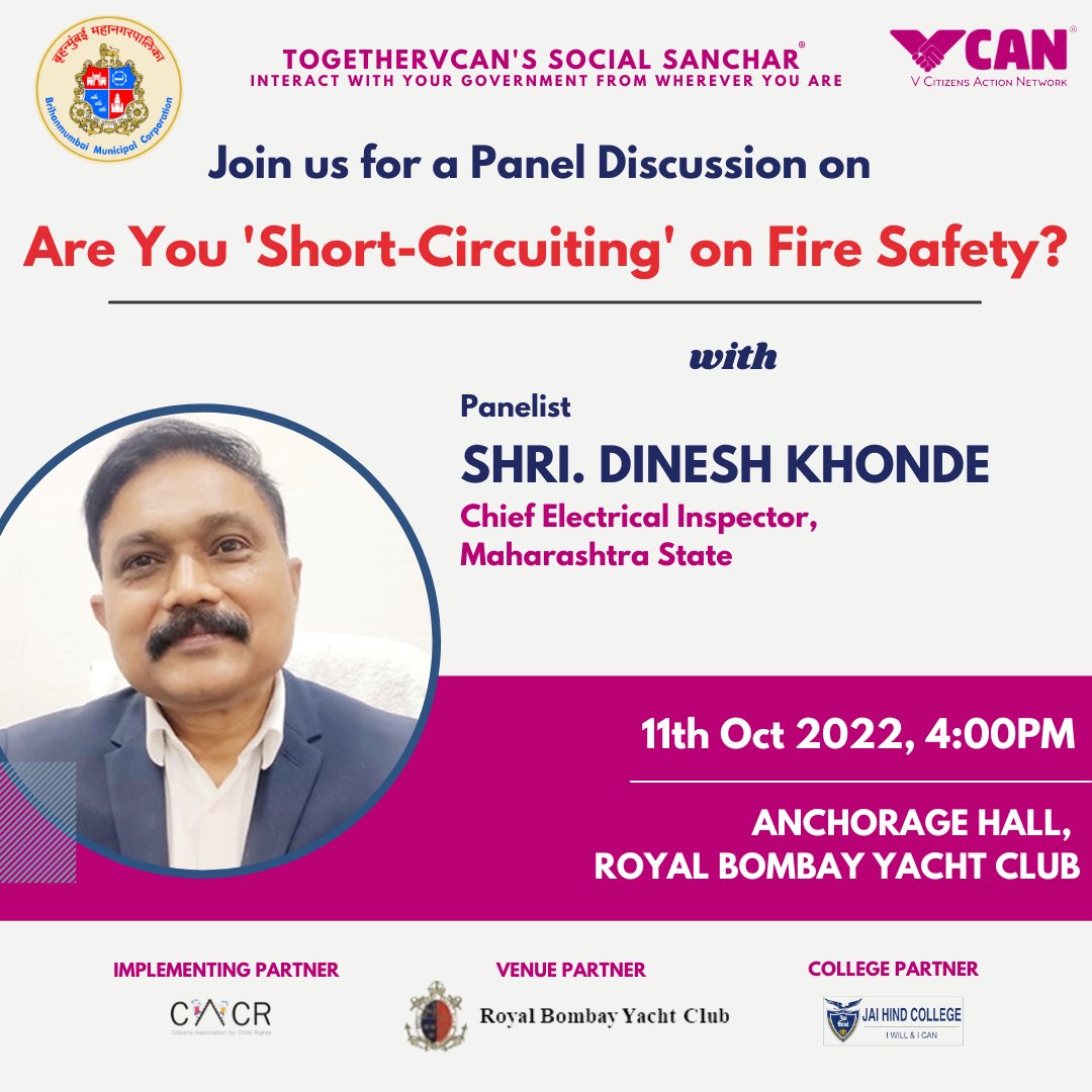 Together_VCAN's tweet photo. Join us and interact with our esteemed Panel at the venue Royal Bombay Yacht Club OR Tune in LIVE from YOUTUBE: https://t.co/7cZfblhsRx OR
FACEBOOK:  https://t.co/VbNjqtIIX1 ,11th October at 4:00PM
#FireSafety #MumbaiFires #ElectricalFires #ShortCircuits
@indranimalkani @mybmc https://t.co/WkaRNrH4Yq