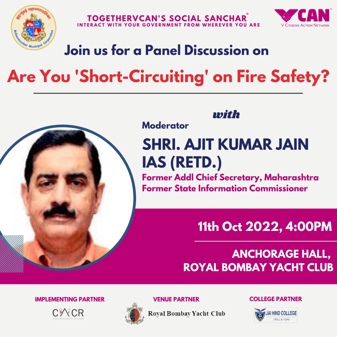 Together_VCAN's tweet photo. Join us and interact with our esteemed Panel at the venue Royal Bombay Yacht Club OR Tune in LIVE from YOUTUBE: https://t.co/7cZfblhsRx OR
FACEBOOK:  https://t.co/VbNjqtIIX1 ,11th October at 4:00PM
#FireSafety #MumbaiFires #ElectricalFires #ShortCircuits
@indranimalkani @mybmc https://t.co/WkaRNrH4Yq