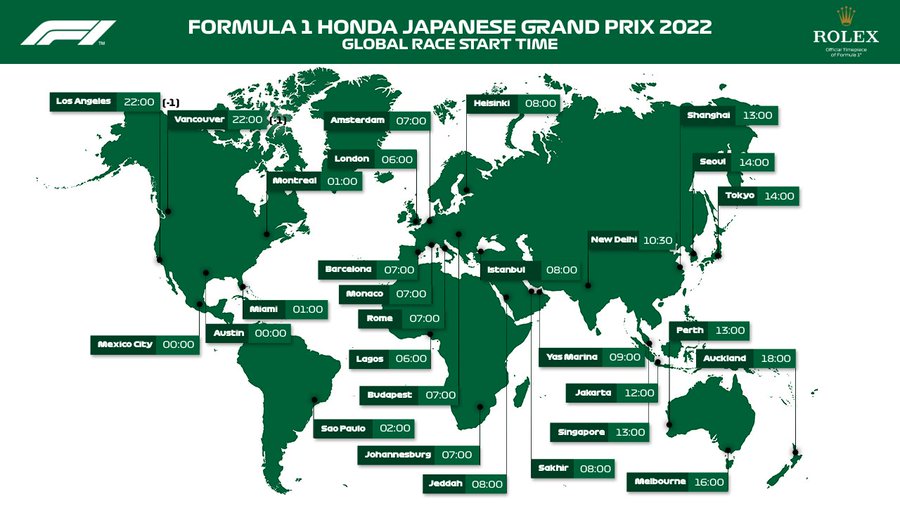 A world map showing the different times around the globe at which the Japanese Grand Prix will start. It is due to begin at 1400 local time in Japan, 0500 UTC.