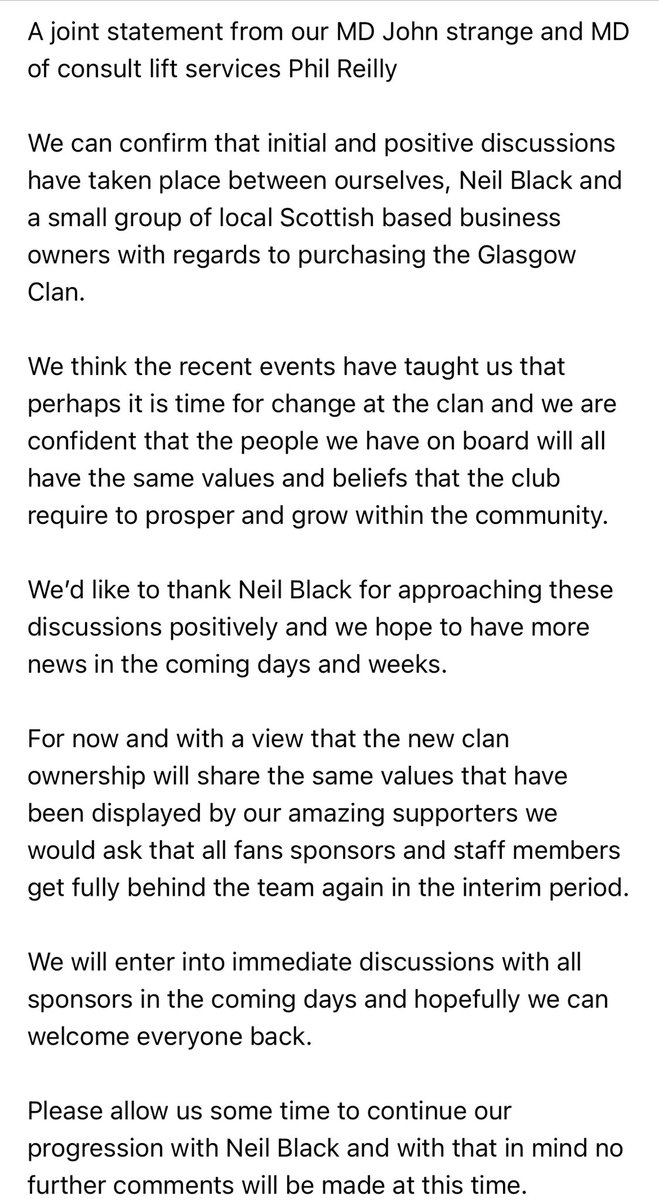 AspGlasgowWest's tweet image. A joint statement from our MD John Strange and MD from Consult Lift Services Phil Reilly regarding @ClanIHC .